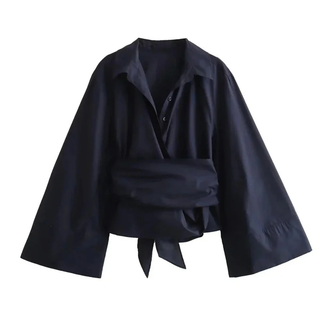 Elegancka damska koszula kimono z wiązaniem – długi rękaw - Szlenta