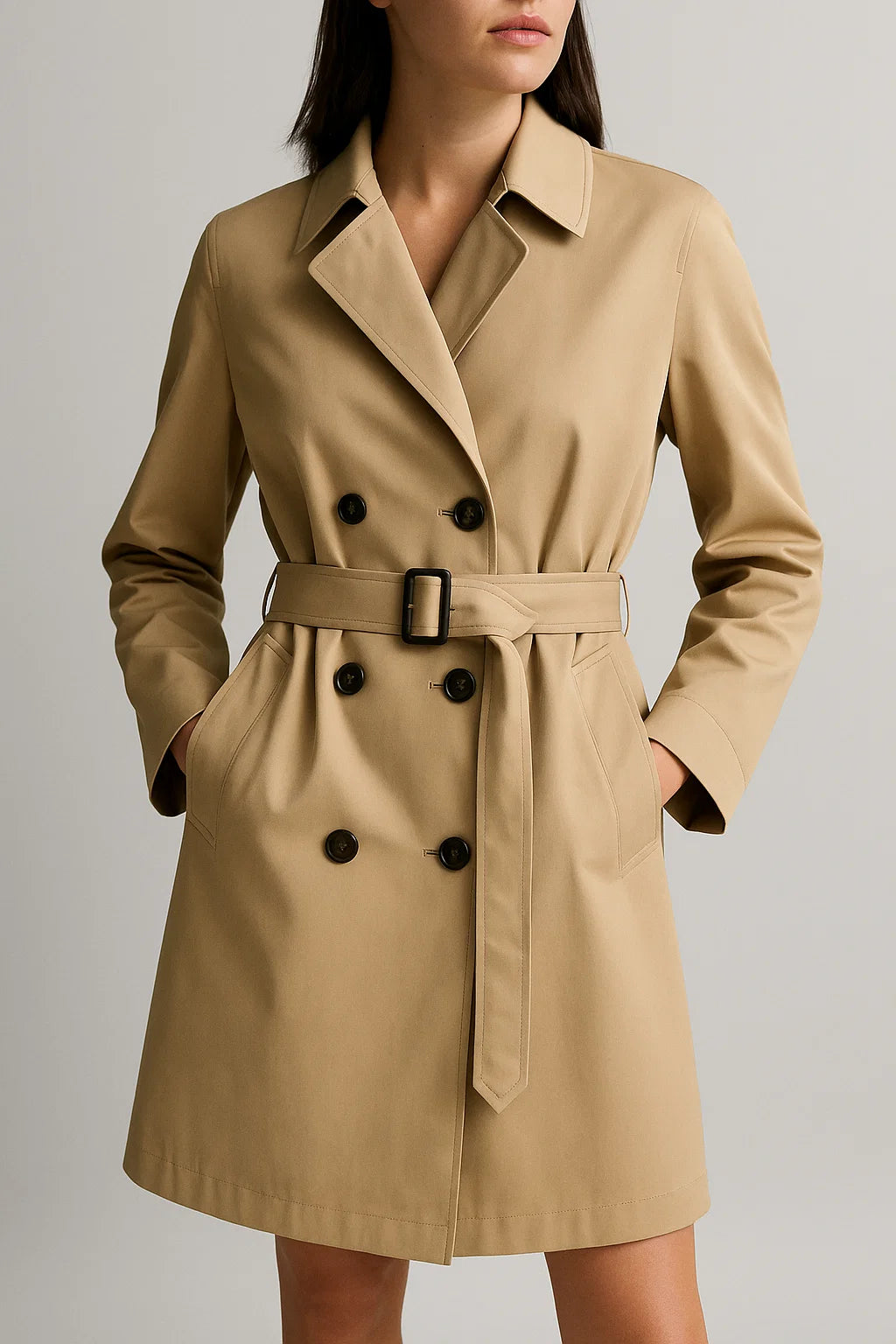 Damski płaszcz z paskiem i guzikami