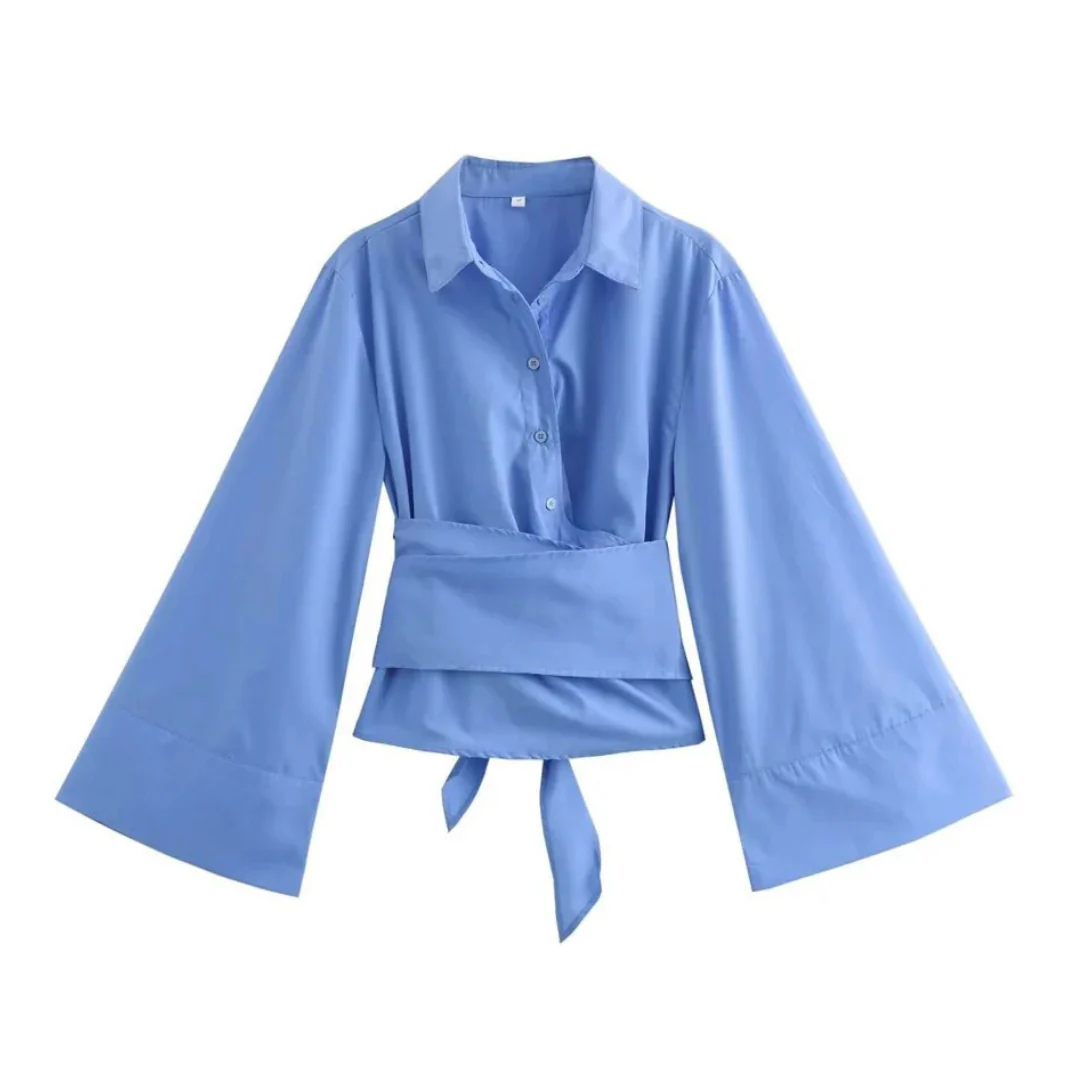 Elegancka damska koszula kimono z wiązaniem – długi rękaw - Szlenta