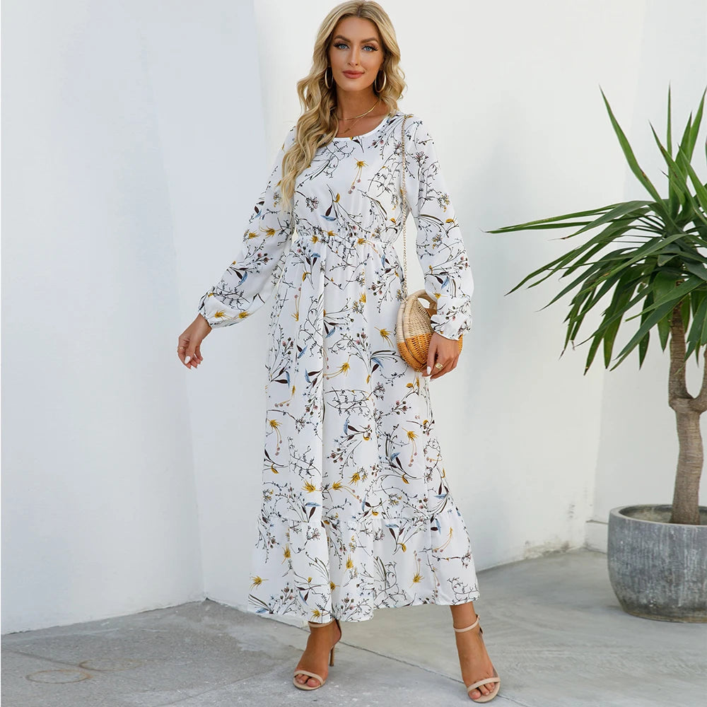 Damska sukienka maxi w stylu boho z kwiatowym wzorem i długim rękawem