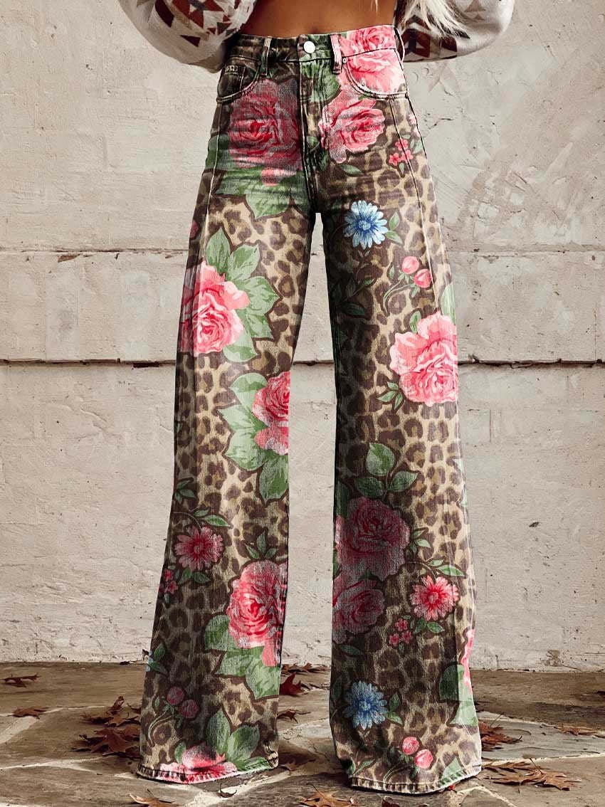 Damskie spodnie z szerokimi nogawkami w stylu retro z nadrukiem