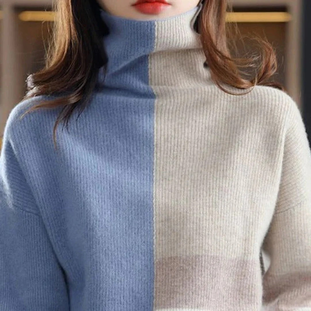 Damski sweter w kolorowe pasy – z golfem, długi rękaw