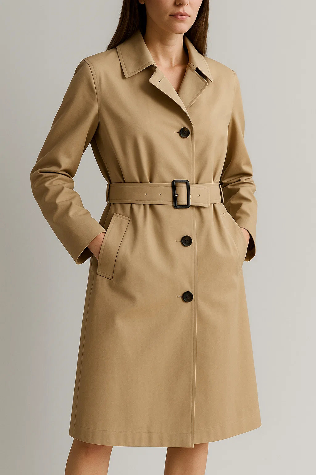 Damski płaszcz z paskiem i guzikami